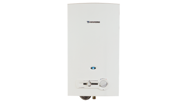 Vue de face d'un chauffe-eau à gaz avec la flamme pilote allumée.