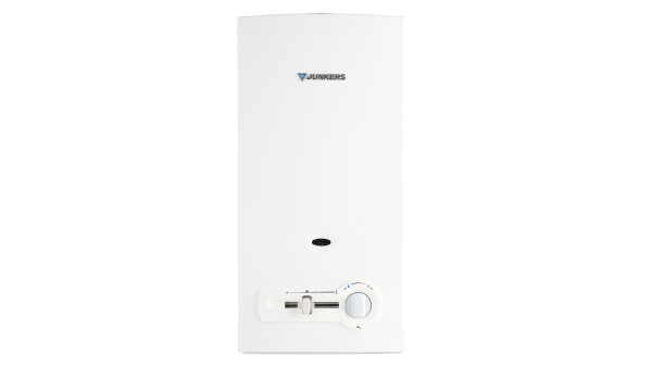 Vue de face d'un chauffe-eau à gaz avec la flamme pilote allumée.